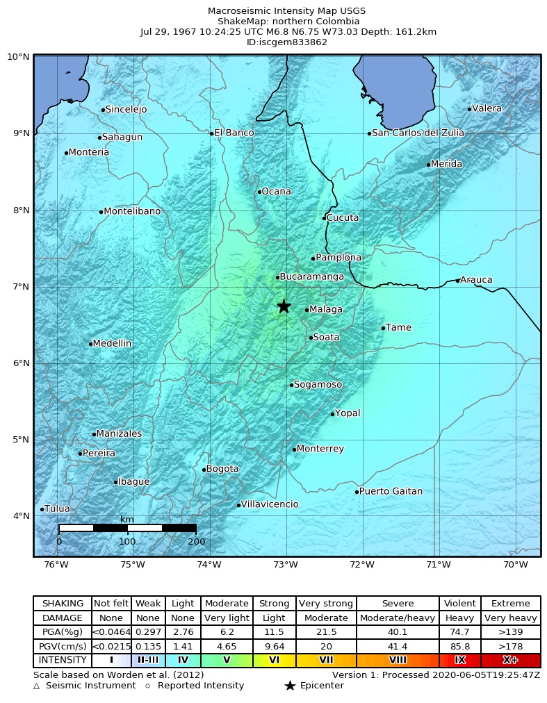 USGS ShakeMap: estimated shaking intensity around the epicenter