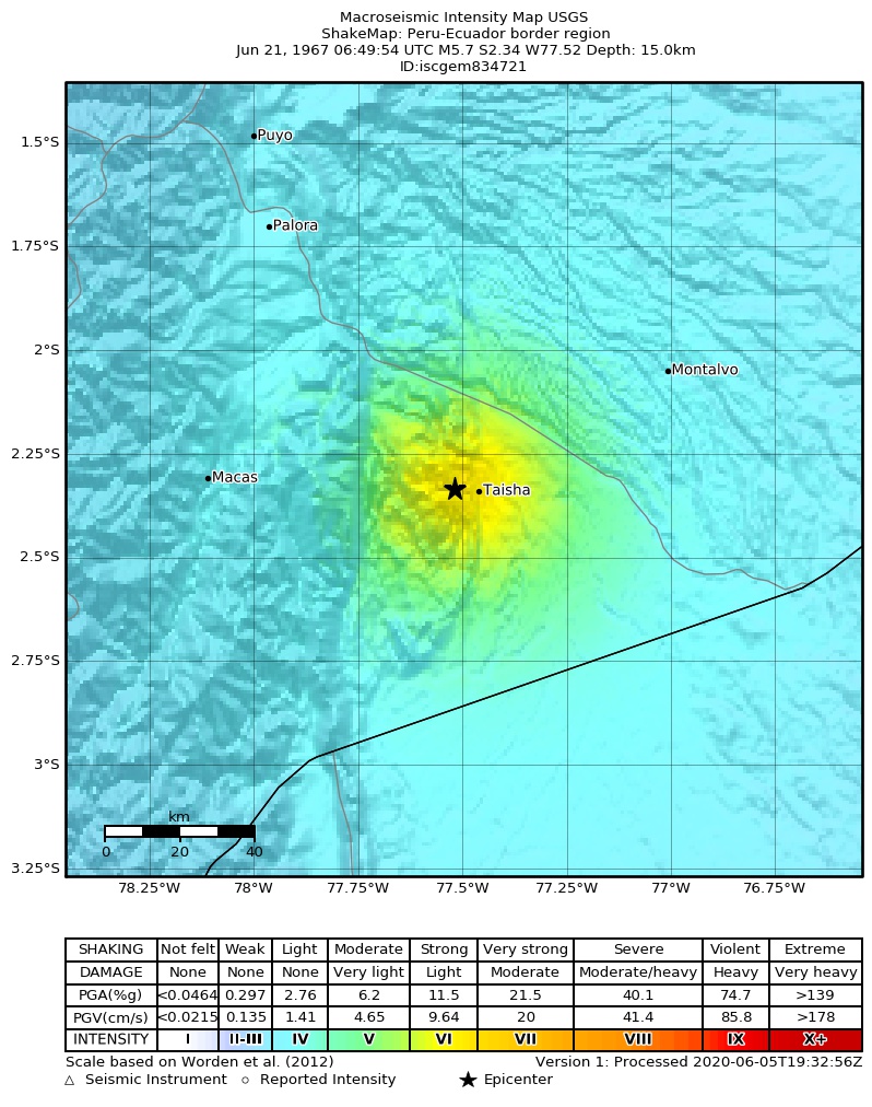 USGS ShakeMap: estimated shaking intensity around the epicenter