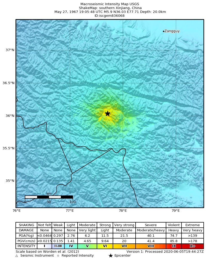 USGS ShakeMap: estimated shaking intensity around the epicenter