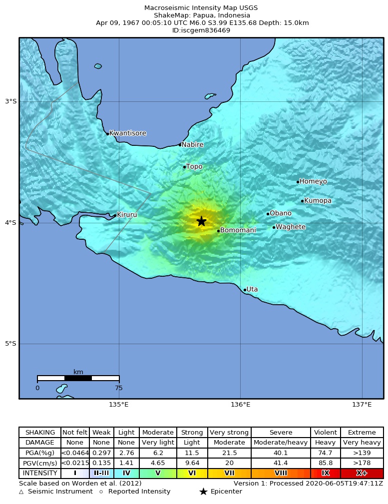 USGS ShakeMap: estimated shaking intensity around the epicenter