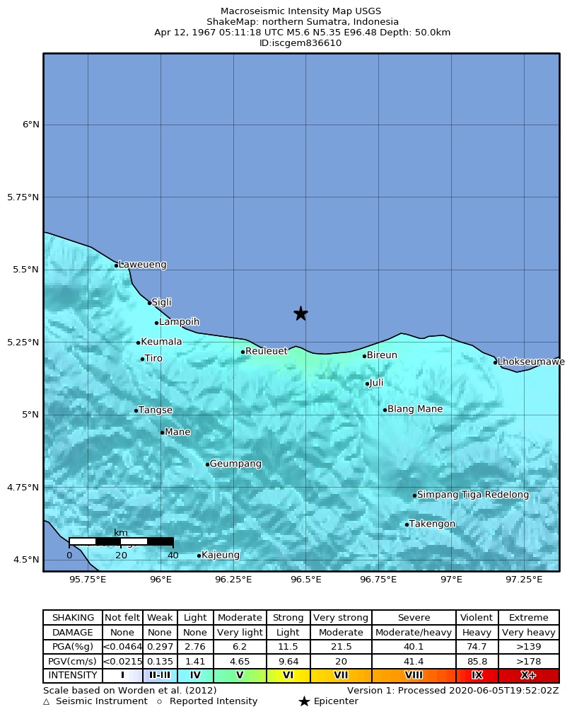 USGS ShakeMap: estimated shaking intensity around the epicenter