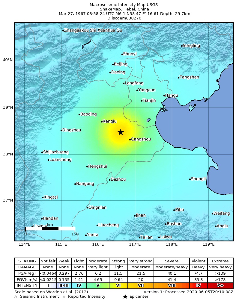 USGS ShakeMap: estimated shaking intensity around the epicenter