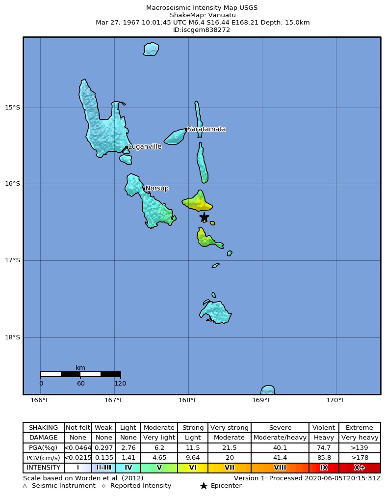USGS ShakeMap: estimated shaking intensity around the epicenter