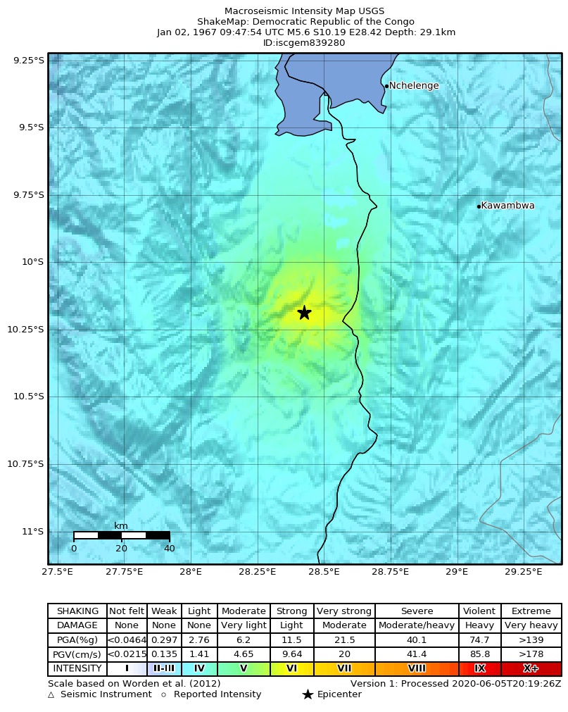 USGS ShakeMap: estimated shaking intensity around the epicenter