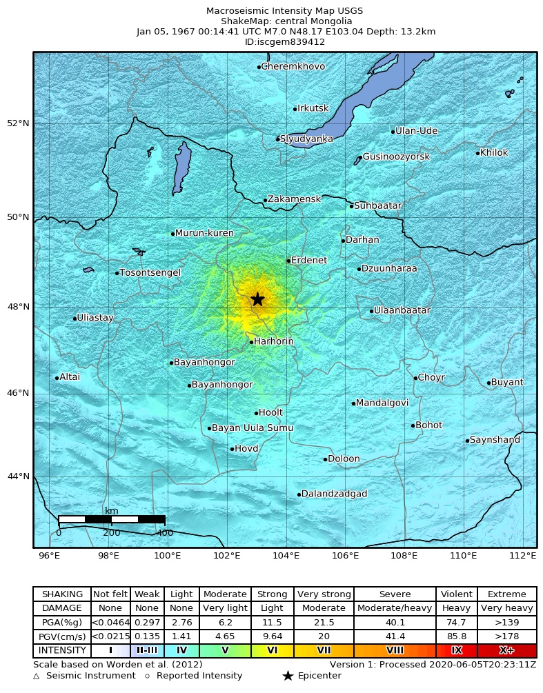 USGS ShakeMap: estimated shaking intensity around the epicenter