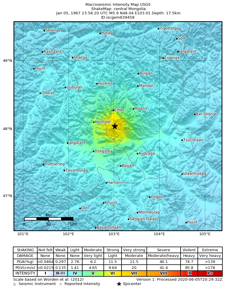 USGS ShakeMap: estimated shaking intensity around the epicenter