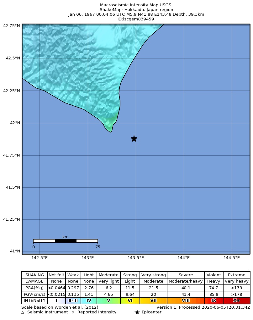 USGS ShakeMap: estimated shaking intensity around the epicenter