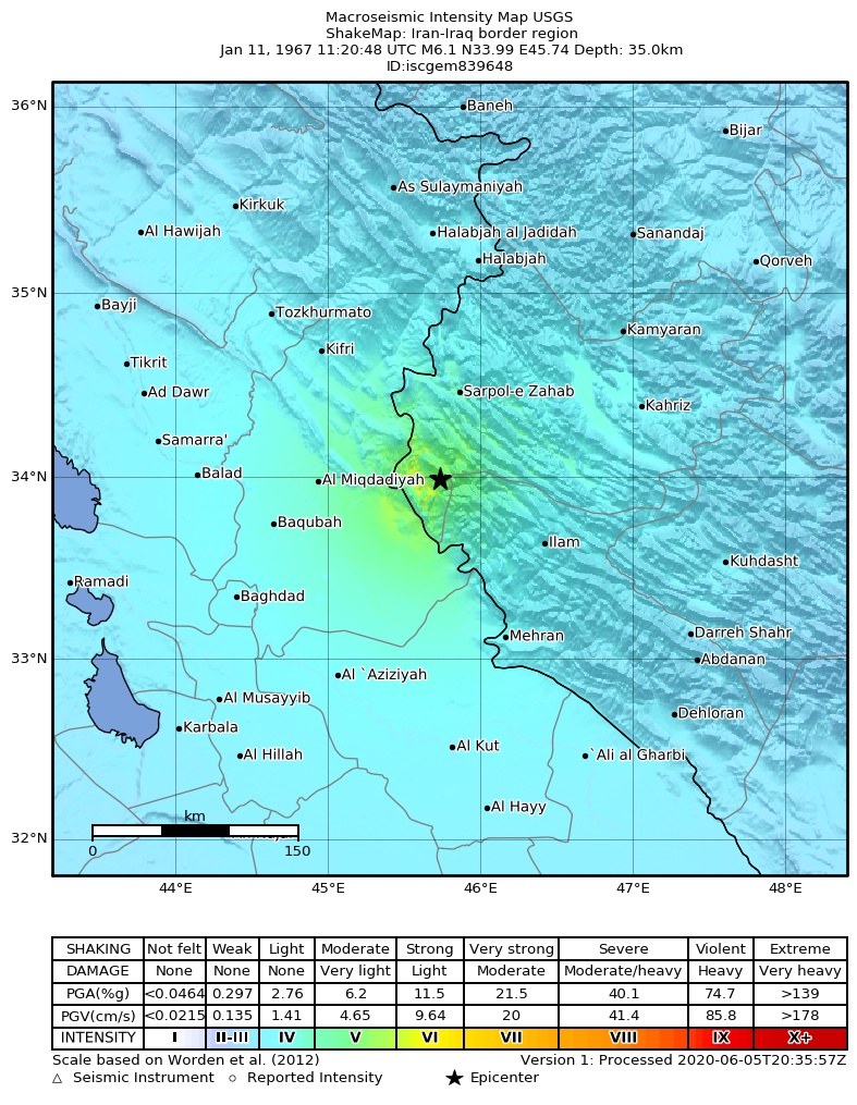USGS ShakeMap: estimated shaking intensity around the epicenter