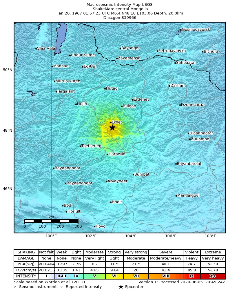 USGS ShakeMap: estimated shaking intensity around the epicenter