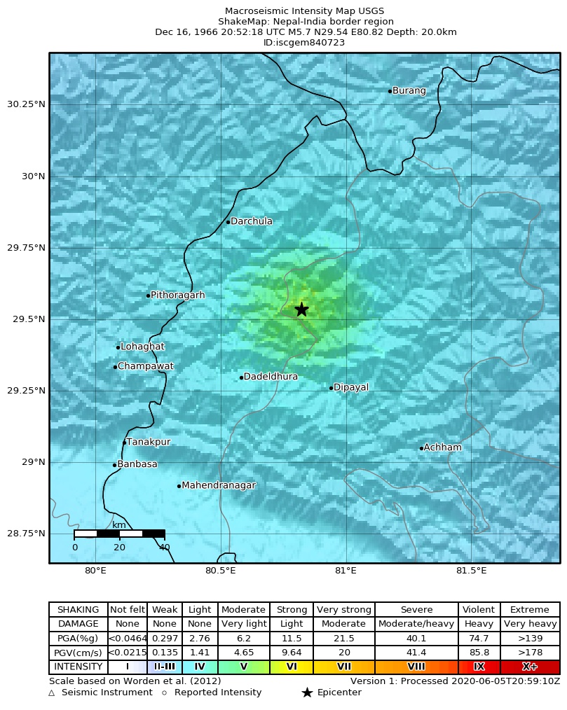 USGS ShakeMap: estimated shaking intensity around the epicenter