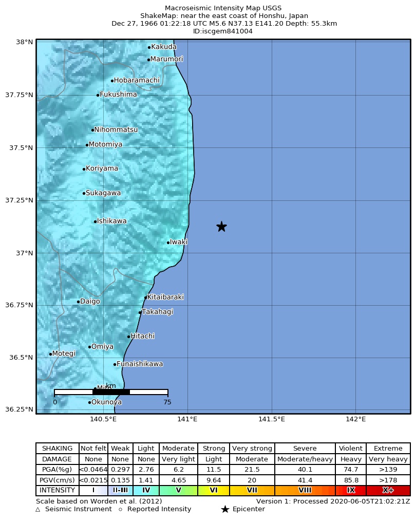 USGS ShakeMap: estimated shaking intensity around the epicenter