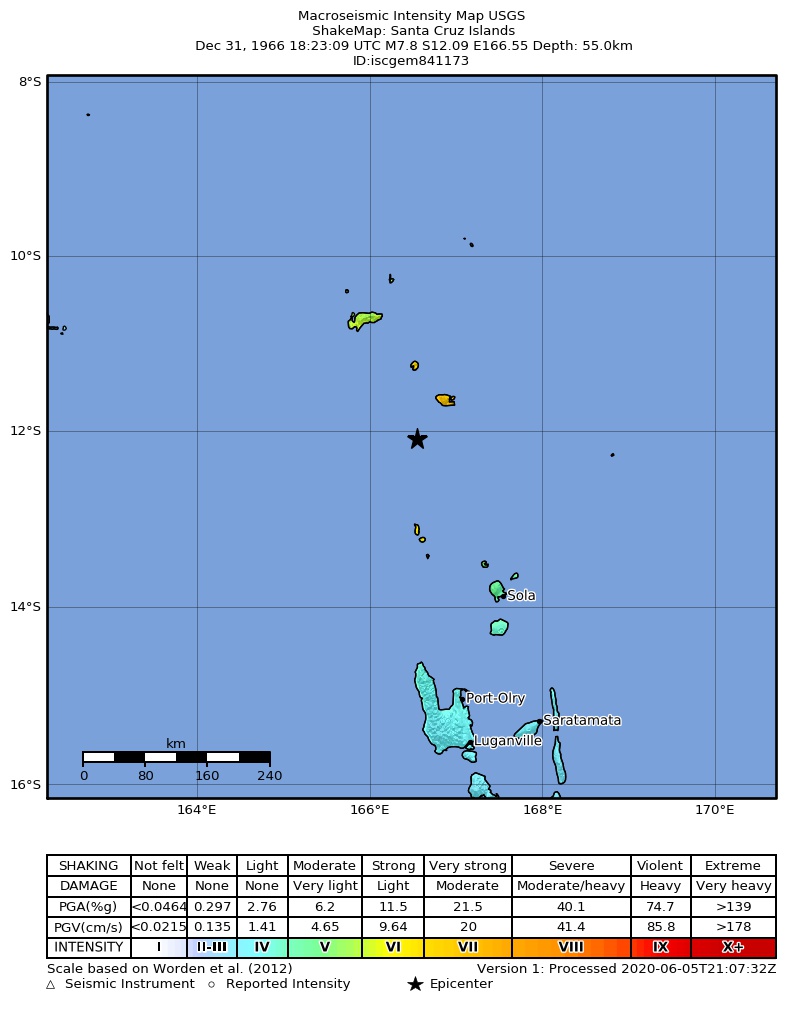USGS ShakeMap: estimated shaking intensity around the epicenter