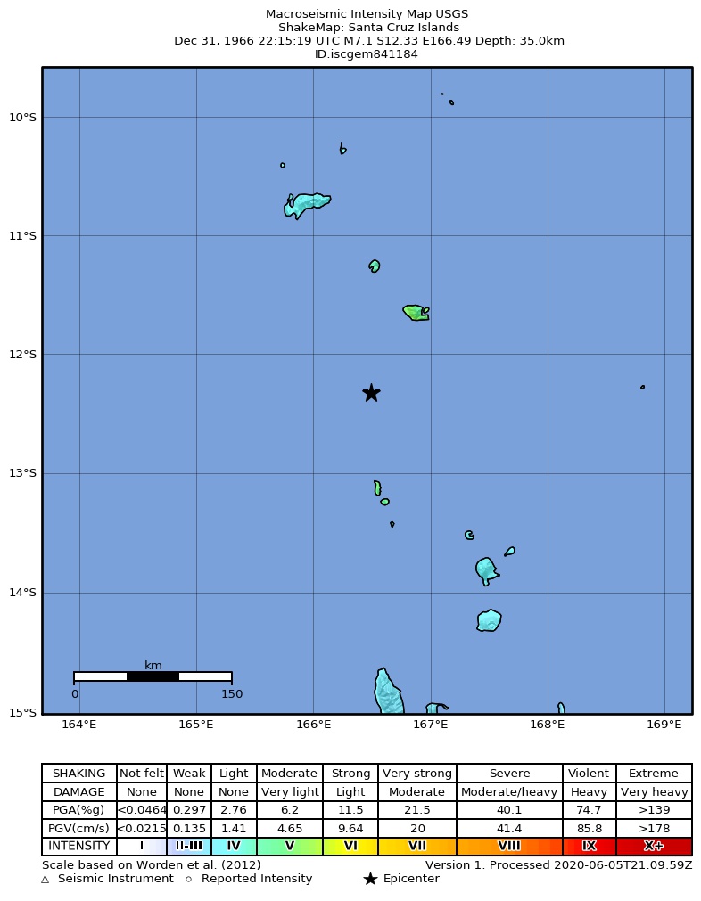 USGS ShakeMap: estimated shaking intensity around the epicenter