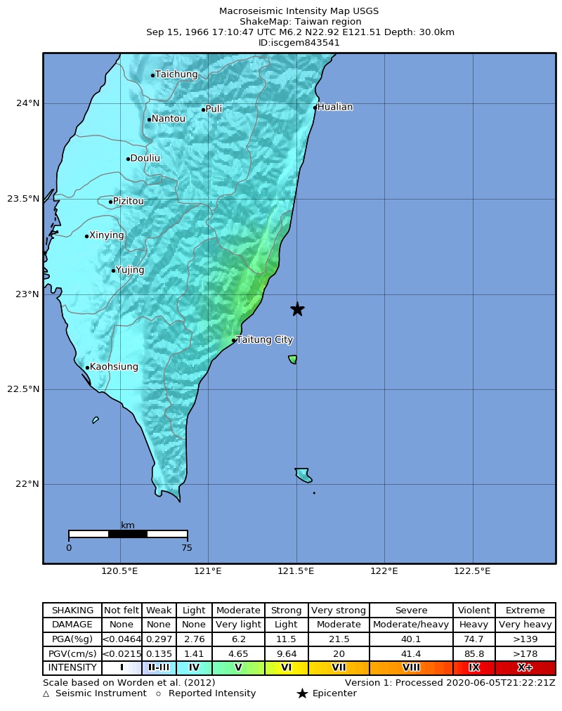 USGS ShakeMap: estimated shaking intensity around the epicenter