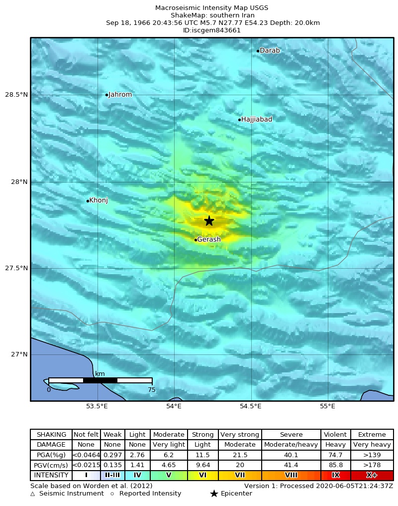 USGS ShakeMap: estimated shaking intensity around the epicenter