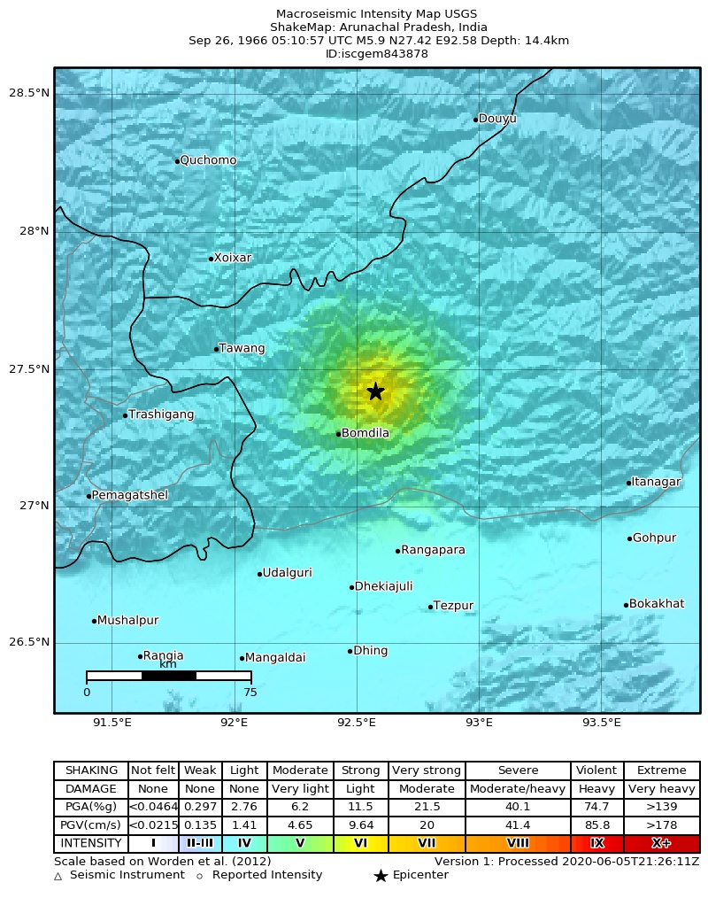 USGS ShakeMap: estimated shaking intensity around the epicenter