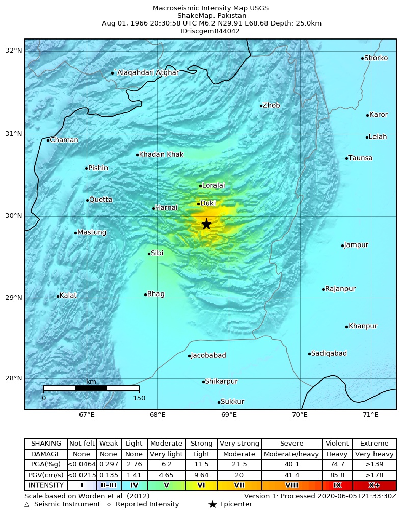 USGS ShakeMap: estimated shaking intensity around the epicenter