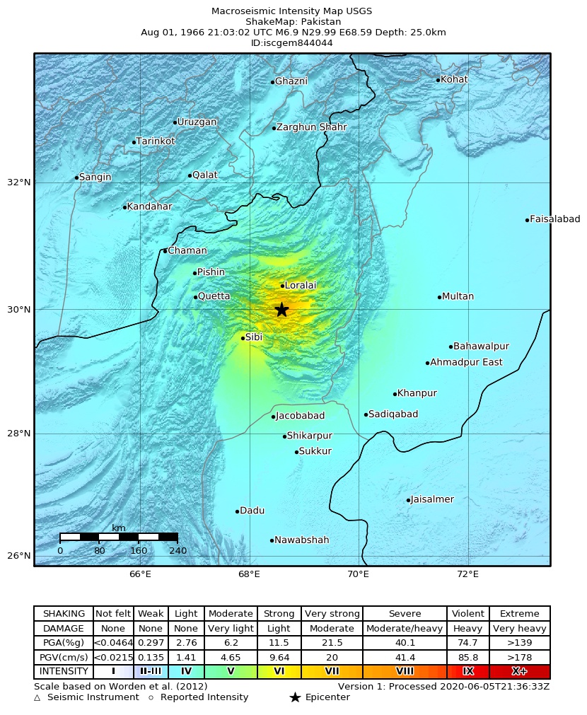 USGS ShakeMap: estimated shaking intensity around the epicenter