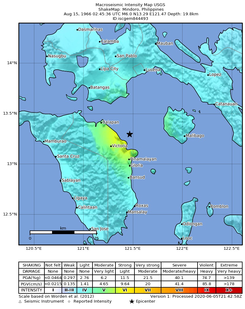 USGS ShakeMap: estimated shaking intensity around the epicenter