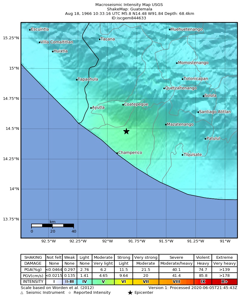 USGS ShakeMap: estimated shaking intensity around the epicenter
