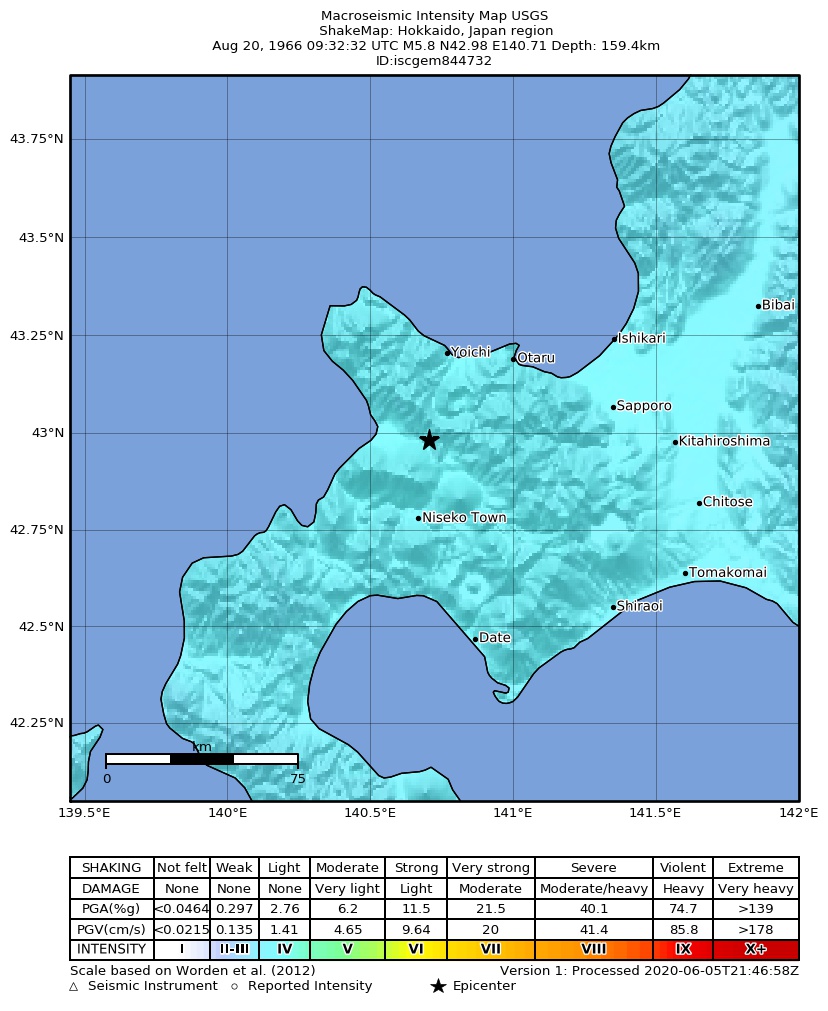 USGS ShakeMap: estimated shaking intensity around the epicenter