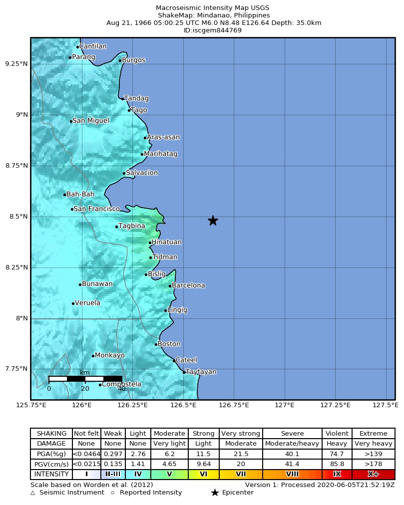 USGS ShakeMap: estimated shaking intensity around the epicenter