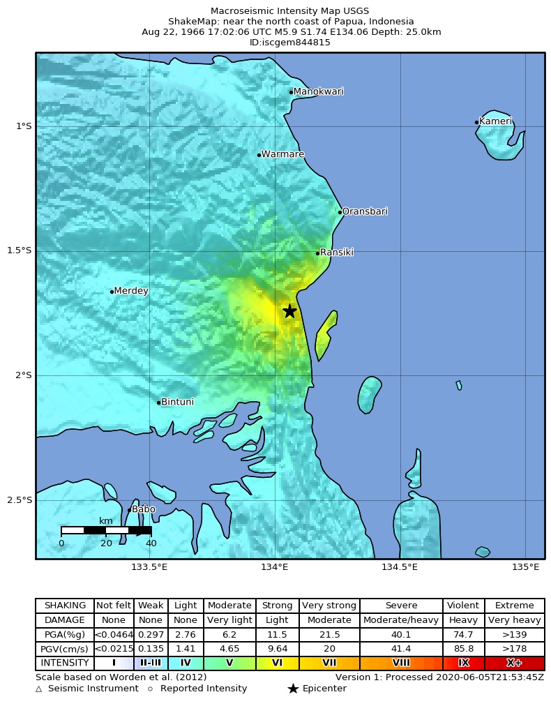 USGS ShakeMap: estimated shaking intensity around the epicenter