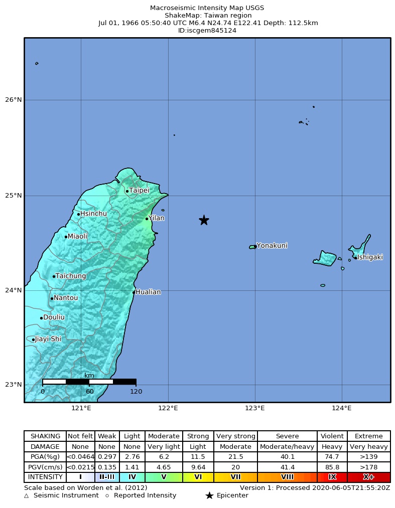 USGS ShakeMap: estimated shaking intensity around the epicenter