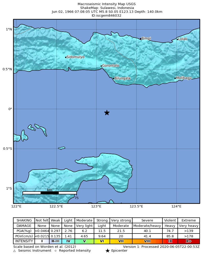 USGS ShakeMap: estimated shaking intensity around the epicenter