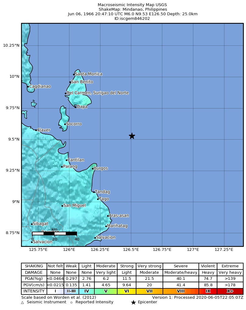 USGS ShakeMap: estimated shaking intensity around the epicenter