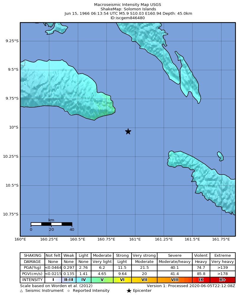 USGS ShakeMap: estimated shaking intensity around the epicenter
