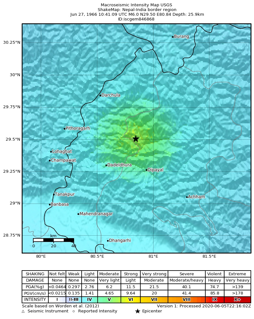 USGS ShakeMap: estimated shaking intensity around the epicenter