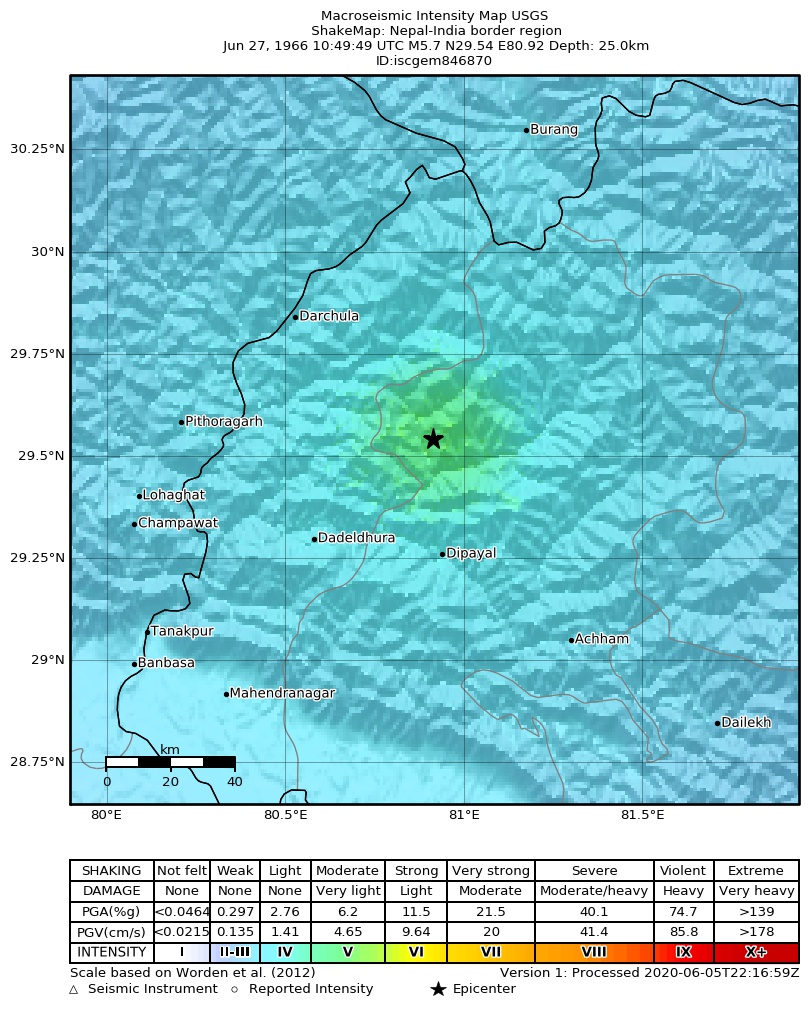 USGS ShakeMap: estimated shaking intensity around the epicenter
