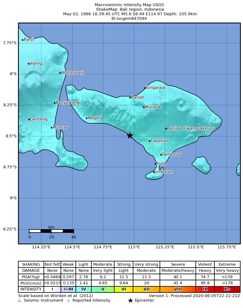 USGS ShakeMap: estimated shaking intensity around the epicenter