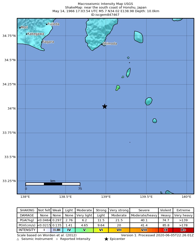 USGS ShakeMap: estimated shaking intensity around the epicenter