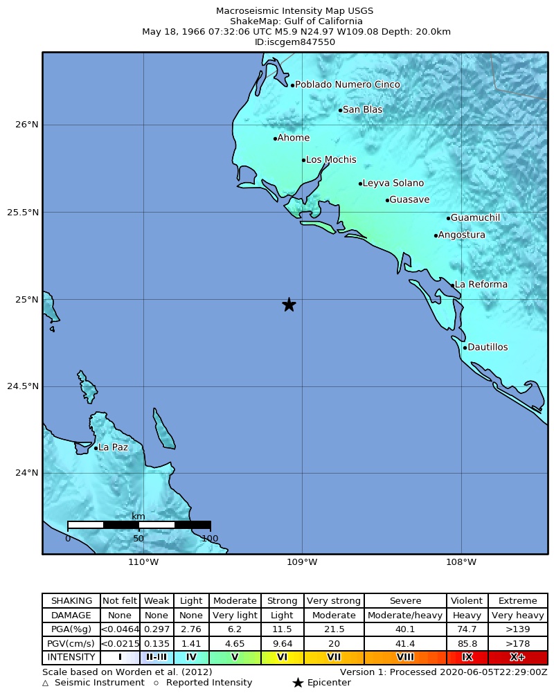 USGS ShakeMap: estimated shaking intensity around the epicenter
