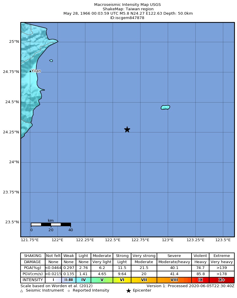 USGS ShakeMap: estimated shaking intensity around the epicenter
