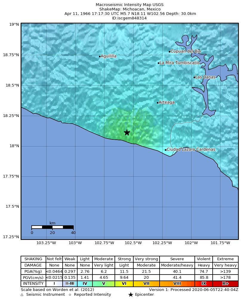 USGS ShakeMap: estimated shaking intensity around the epicenter