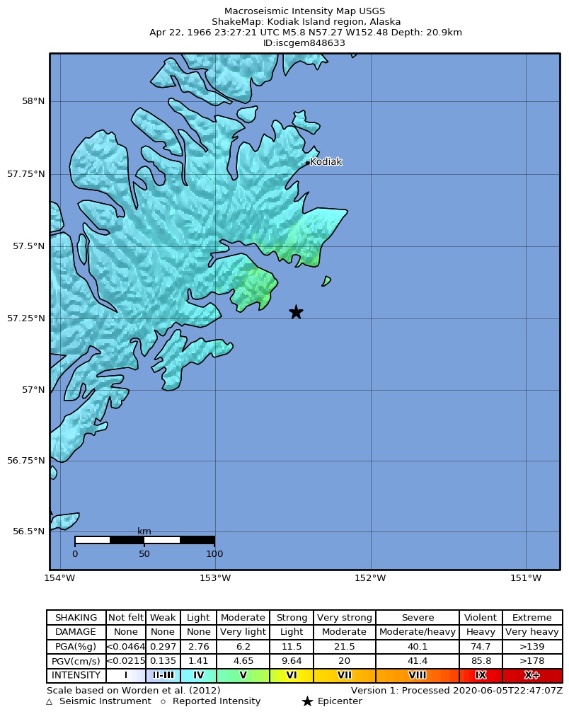 USGS ShakeMap: estimated shaking intensity around the epicenter