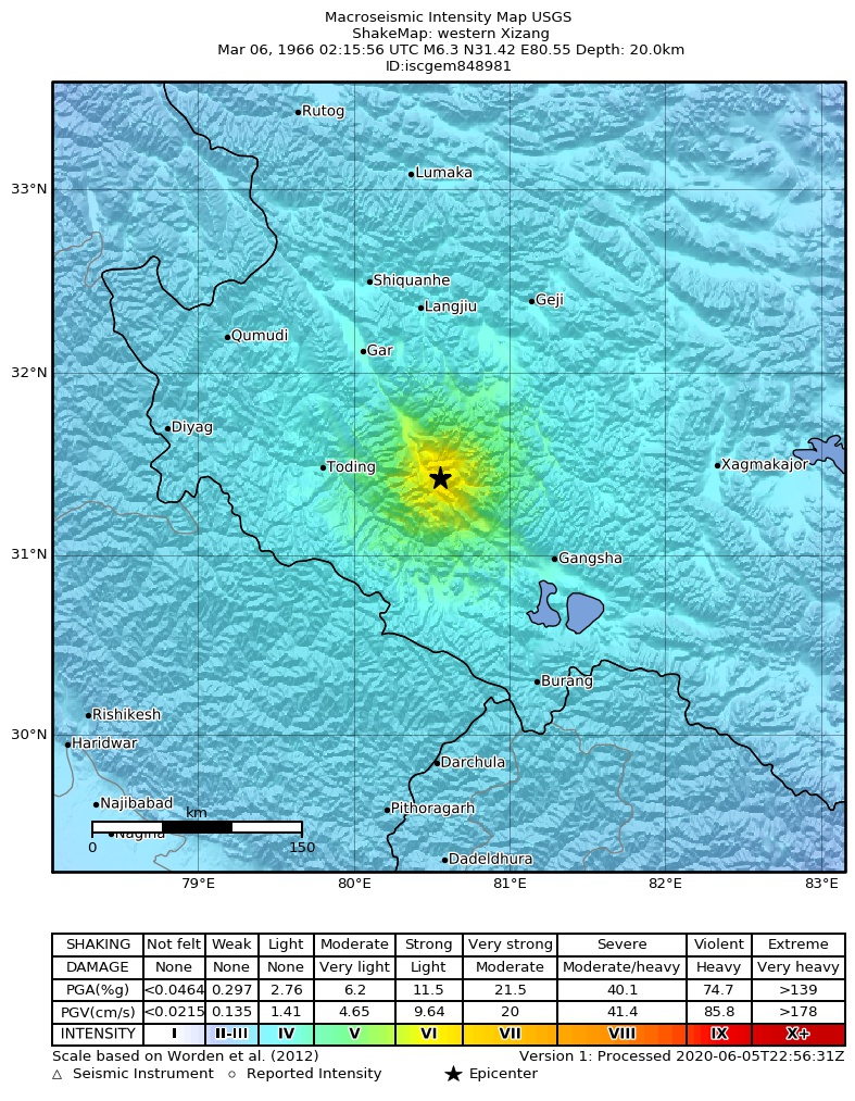 USGS ShakeMap: estimated shaking intensity around the epicenter