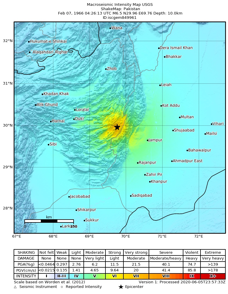 USGS ShakeMap: estimated shaking intensity around the epicenter