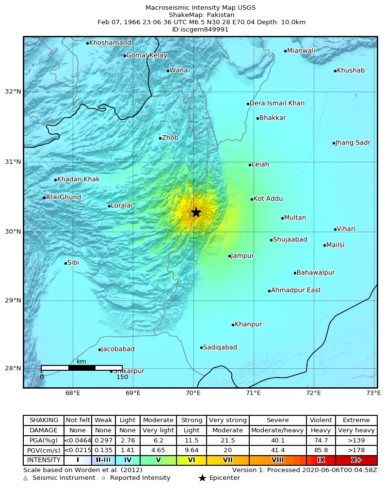 USGS ShakeMap: estimated shaking intensity around the epicenter
