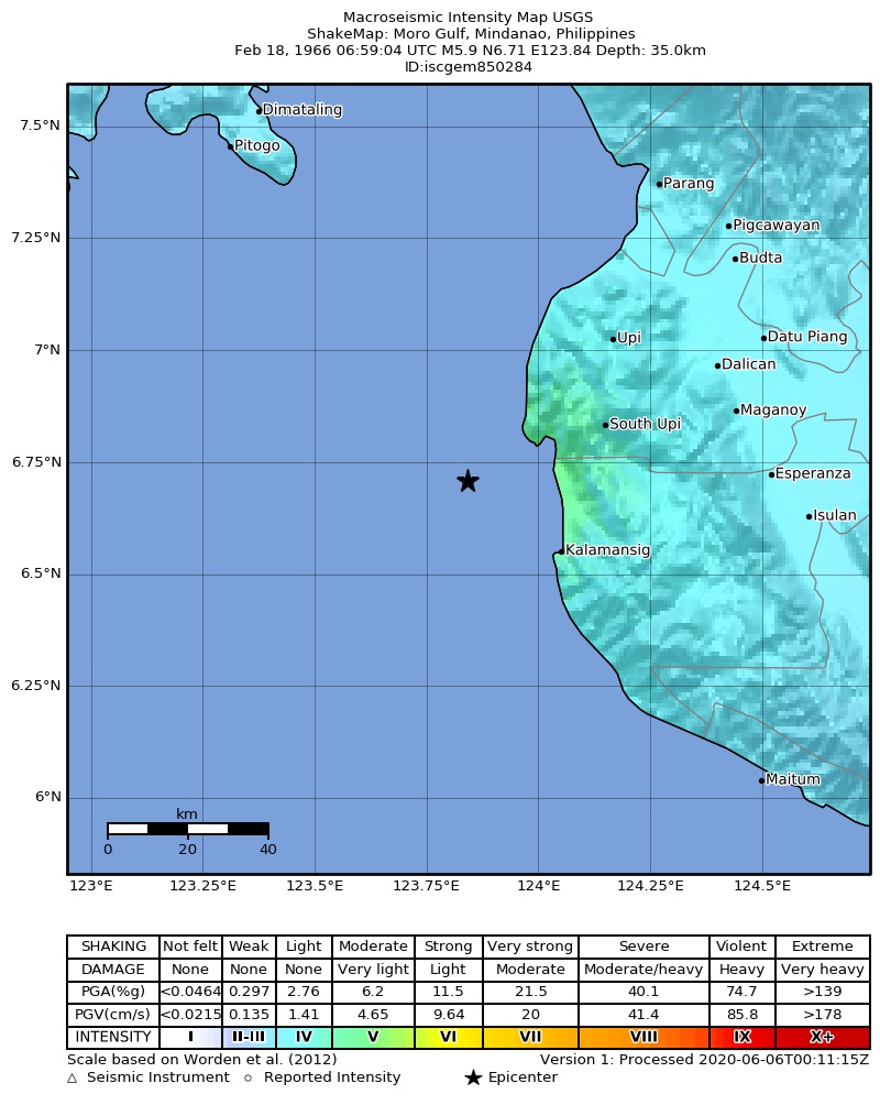 USGS ShakeMap: estimated shaking intensity around the epicenter
