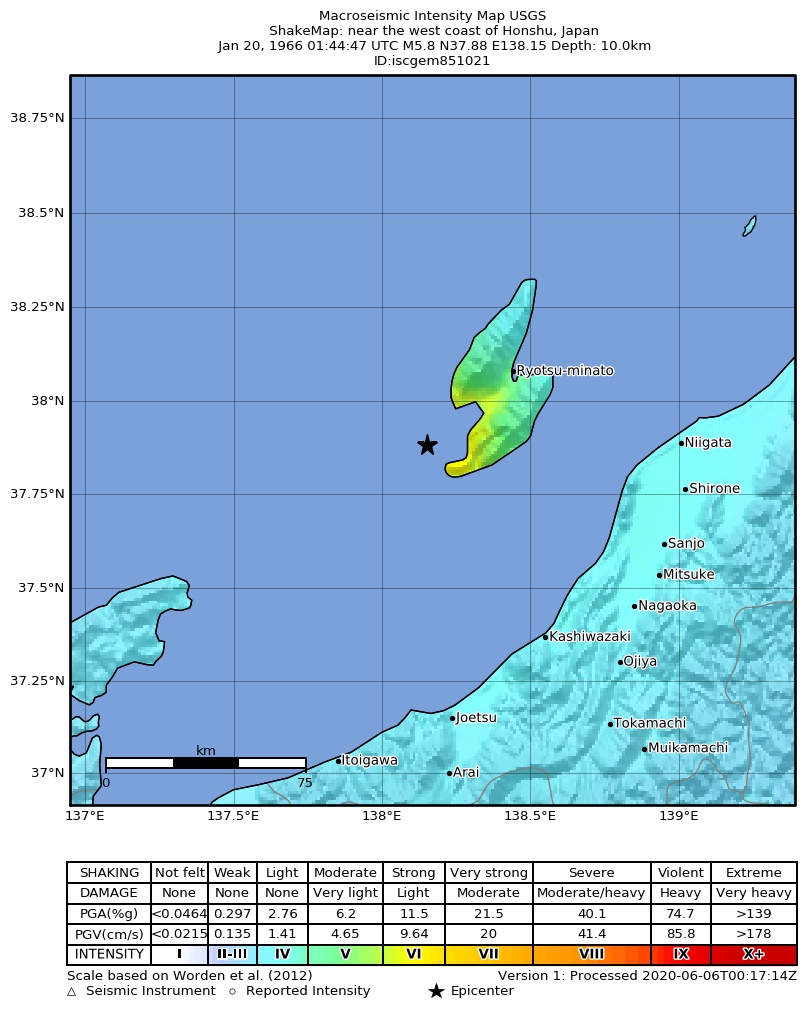 USGS ShakeMap: estimated shaking intensity around the epicenter