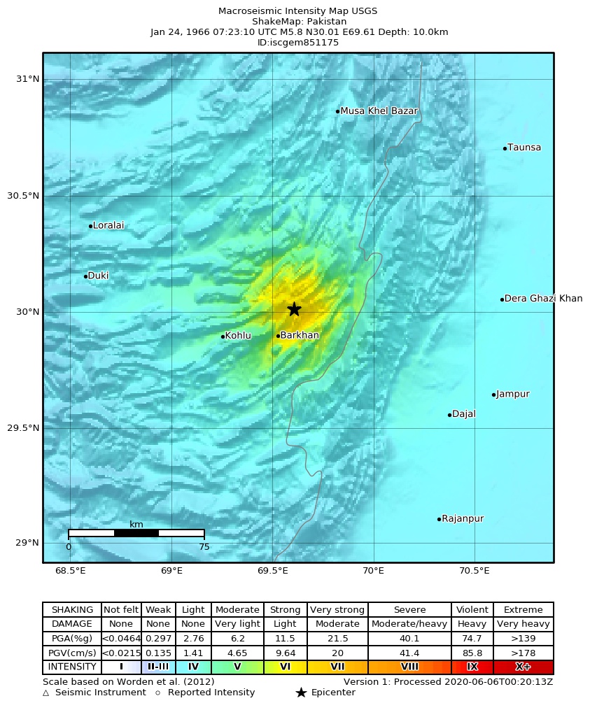 USGS ShakeMap: estimated shaking intensity around the epicenter