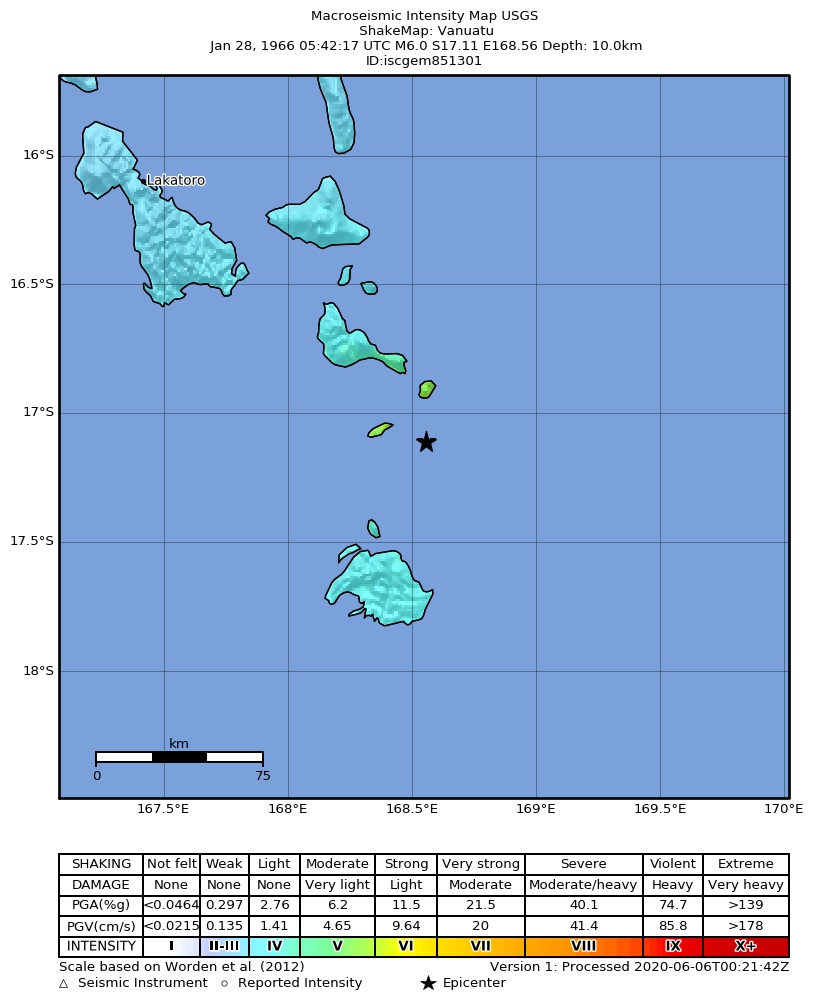 USGS ShakeMap: estimated shaking intensity around the epicenter