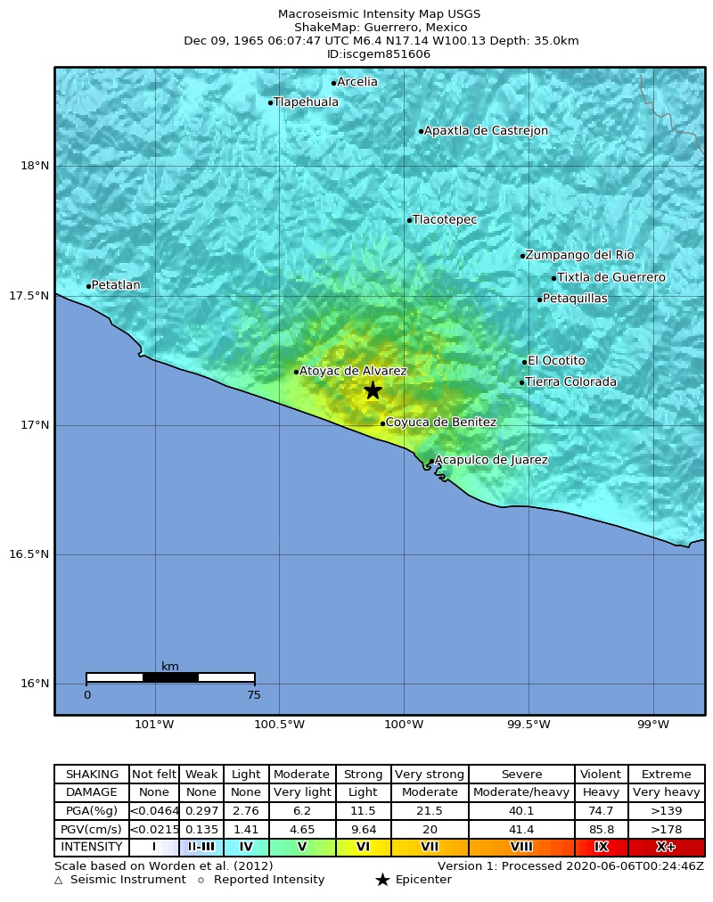 USGS ShakeMap: estimated shaking intensity around the epicenter