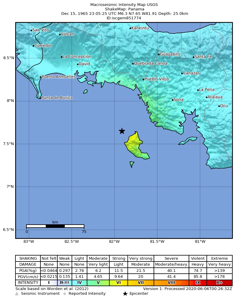 USGS ShakeMap: estimated shaking intensity around the epicenter