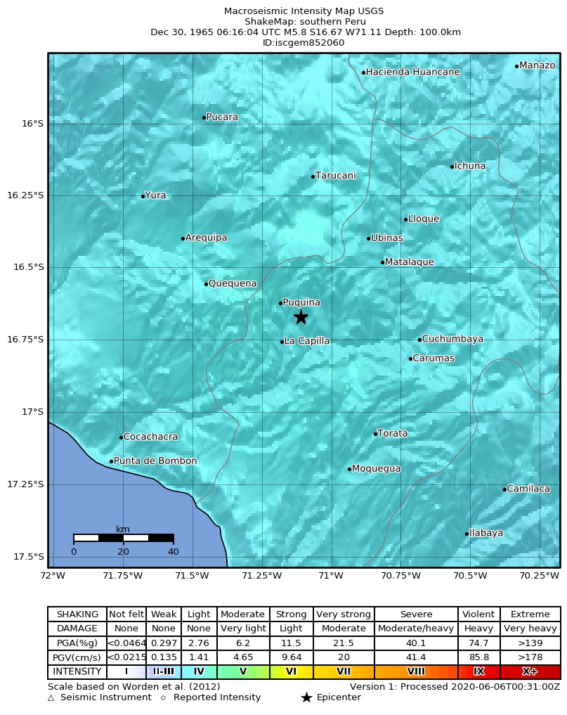USGS ShakeMap: estimated shaking intensity around the epicenter