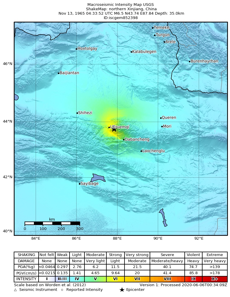 USGS ShakeMap: estimated shaking intensity around the epicenter